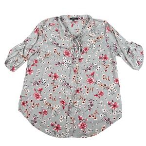 Louise Paris Womens 1X Floral Lace Up Blouse Sage Green Pink Roll Tab Sleeve Top